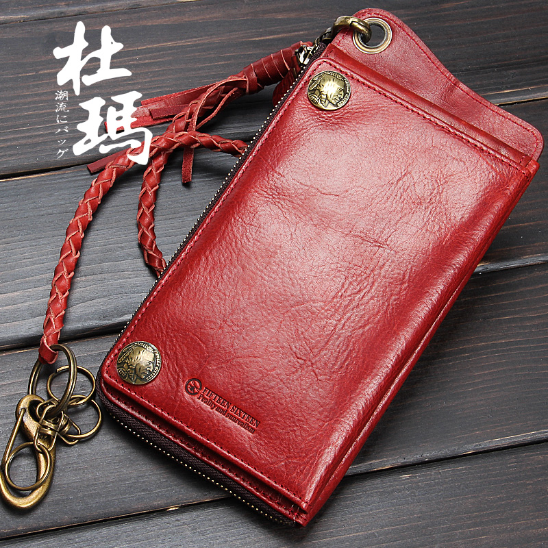 Original hand-made retro men's wallet long-version zipper skin buckle multi-function mobile phone real leather anti-theft chain