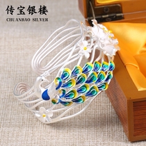 Cloisonne Peacock silver bracelet female sterling silver 999 Advanced sense ancient style light luxury heavy industry solid foot silver enamel jewelry
