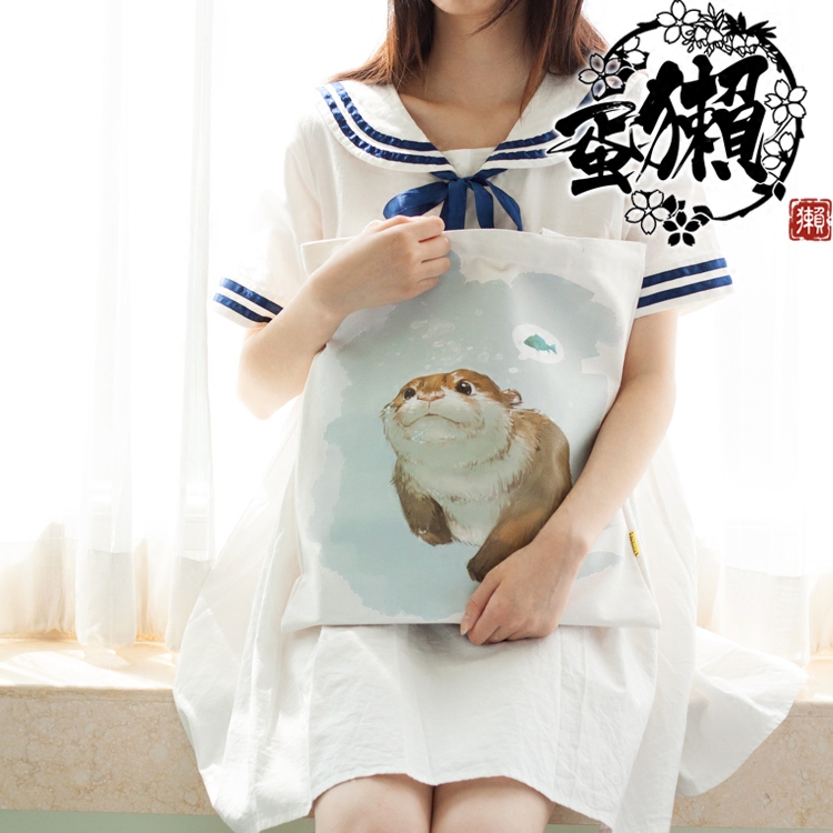  Original Summer Japanese Style Unique Sea Otter Canvas Bag White Women's Shoulder Bag Handbag Large Capacity