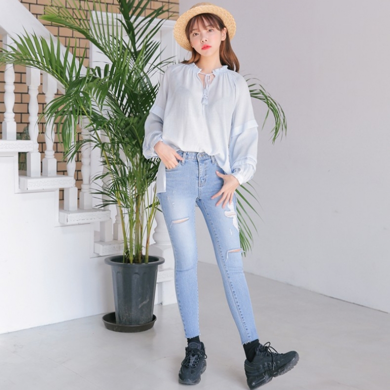 韩国stylenanda官方正品 破洞拉丝毛边小脚牛仔裤-牛仔蓝色
