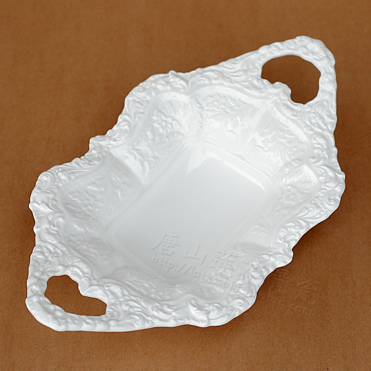 T Relief Double Ear Bowl Upscale Bone China Porcelain Fruit Plate Profiled Creative Eurostyle Classic Pure White Bone China