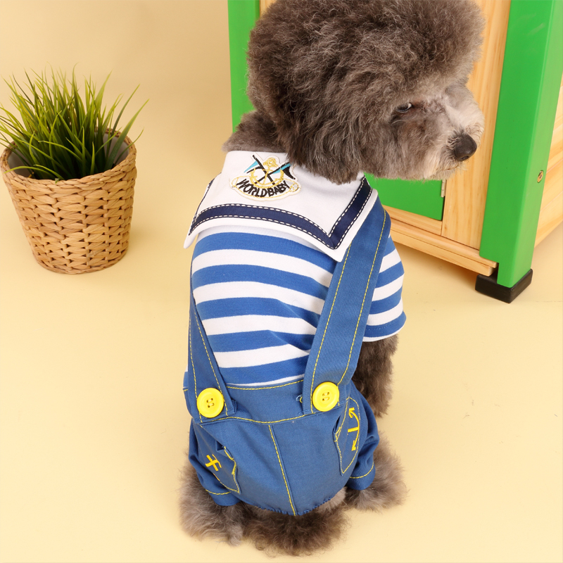 条纹清新水手服小狗狗衣服泰迪比熊博美春夏款卫衣四脚衣宠物用品
