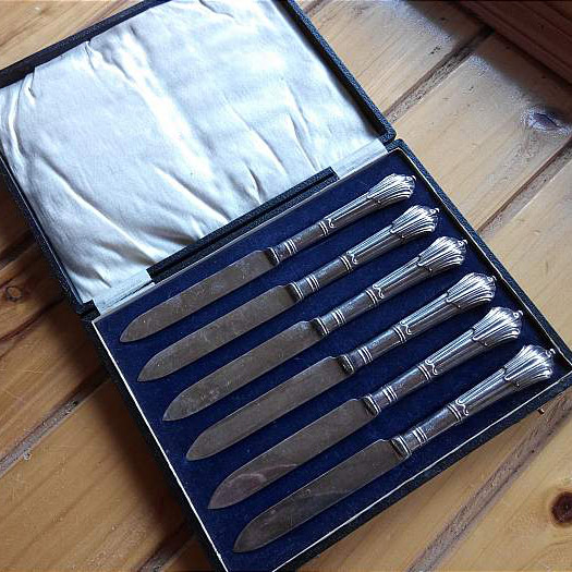 Western Antique Tableware Collection UK 1909 925 Pure silver dining knife Set of original box 142 62 gr