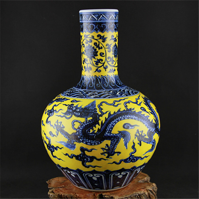 明宣德黄地青花缠枝花龙纹天球瓶仿高档官窑古瓷器古玩古董摆件瓷