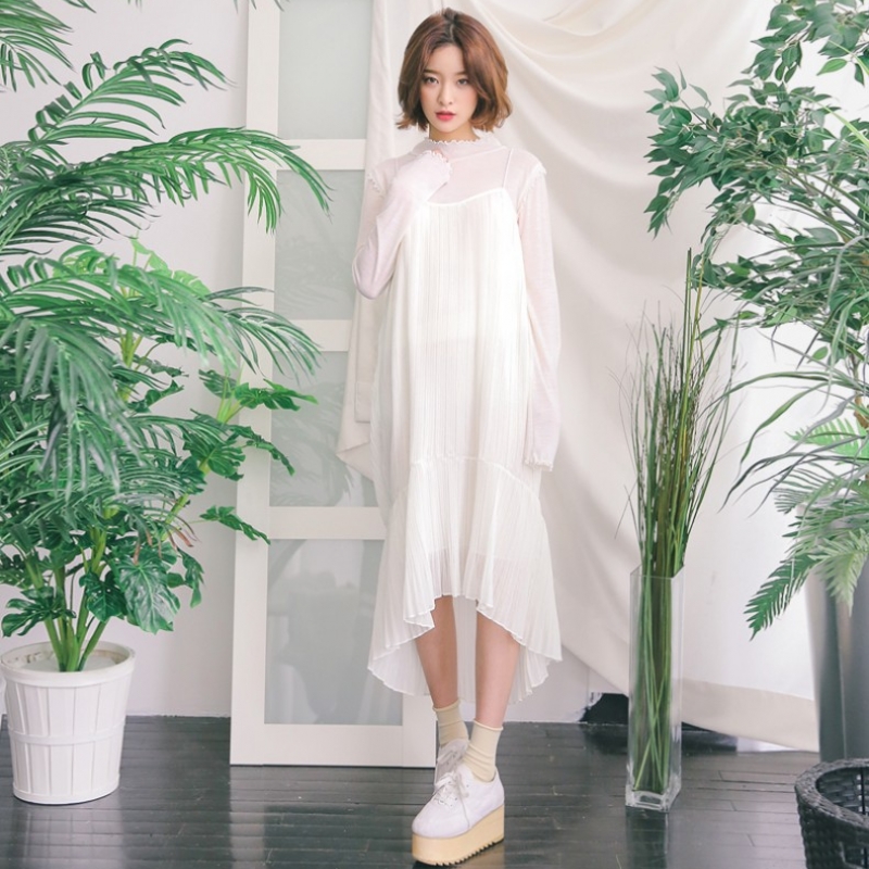 韩国stylenanda官方正品 荷叶摆褶皱元素吊带裙-象牙色