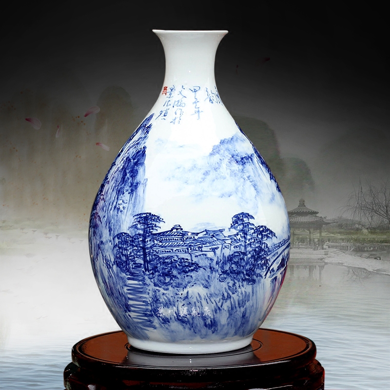 Blue and white peony vases Wu Wenhan hand - made gourd floret bottle of jingdezhen ceramics mesa adornment furnishing articles in the living room