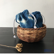 ) ▋ Hand tie-dyed blue dye mini corset pocket drawstring bag storage bag 16x 13cm D1