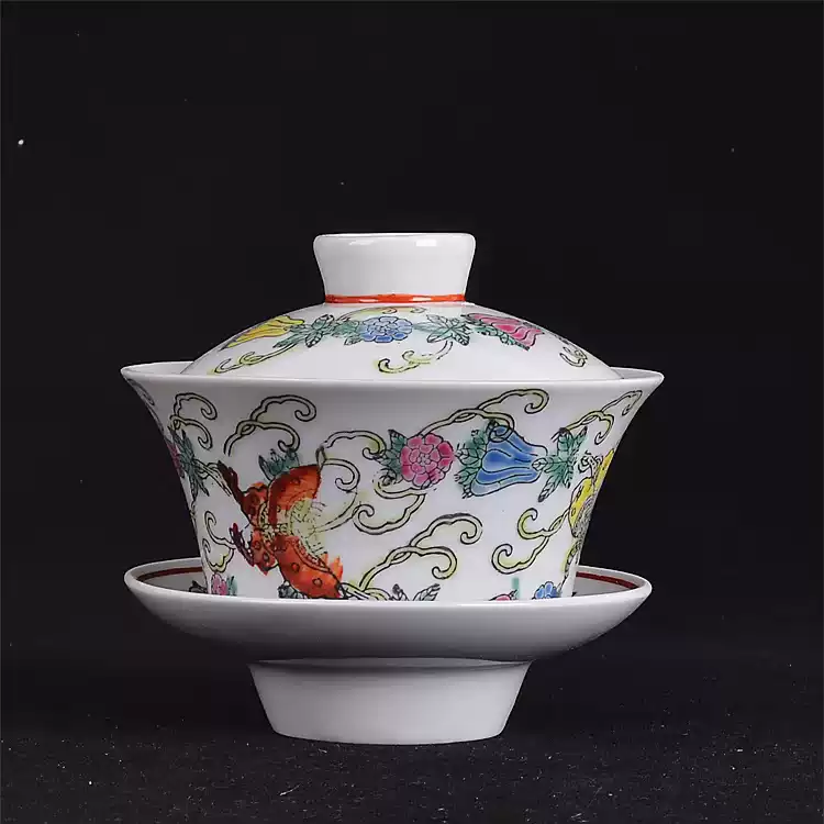 正品手工粉彩红地万寿无疆54头中餐具具有收藏价值文革瓷