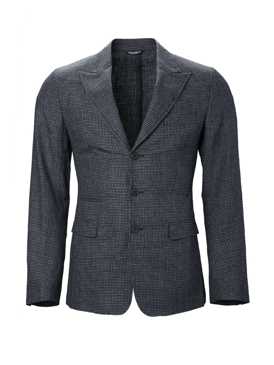 Dolce&Gabbana 深蓝灰色戗驳领格纹西装外套