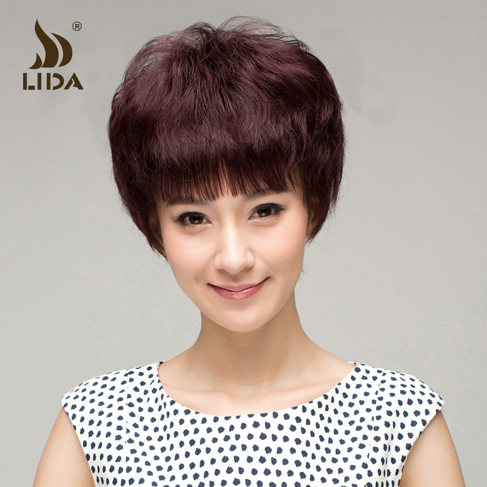 利达假发 短发 真发套 真人发丝假发 短卷发 蓬松 女士假发齐刘海