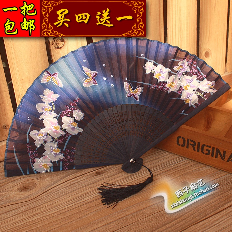 China Wind Female Style Performance Day Style Genuine Silk Folding Fan Dance Gift Fan Dance 6 Inch Female Fan Cherry Blossom Butterfly Fan