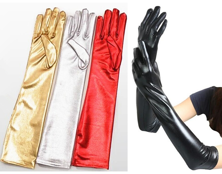 Patent leather gloves sexy prom COS glued Lycra long gloves queen dress nightclub performance dancing glossy wedding