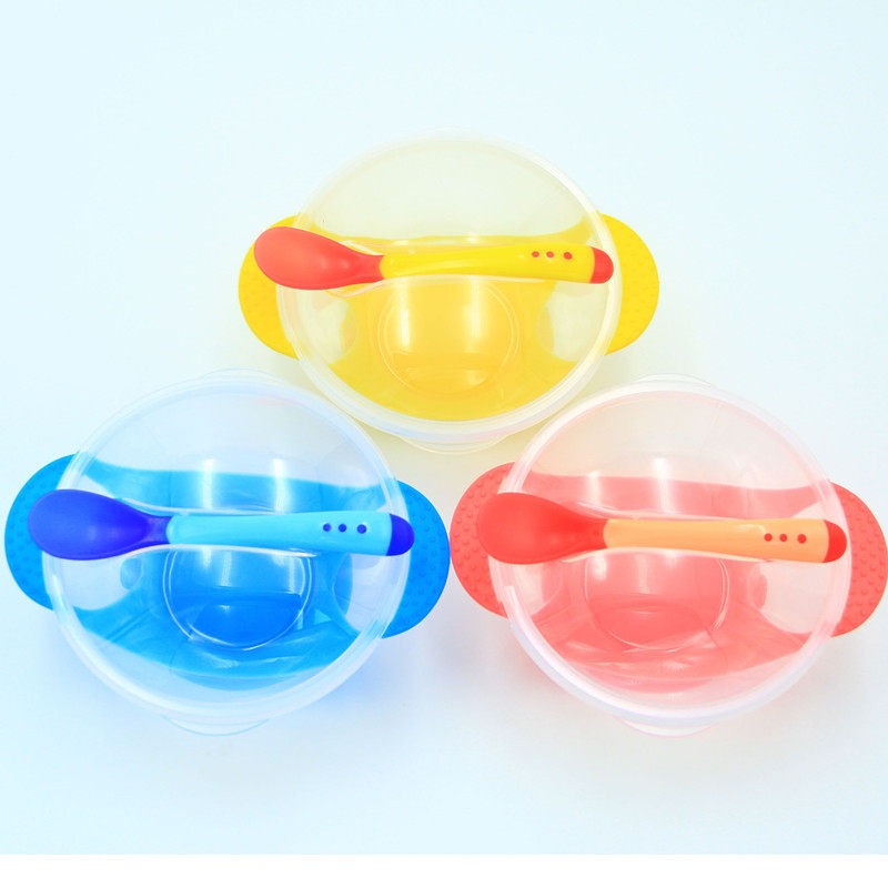 Children's non-slip sucker bowl with cover tableware package soft baby spoon newborn eating artifact