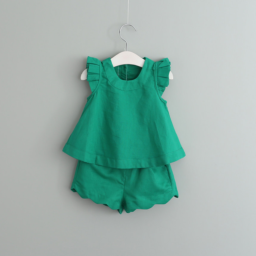 Han Edition Girl Cotton Numb ears Agaric Side Fly Cuff Blouse Shorts Suit Summer Dress New Children Baby Two Sets New