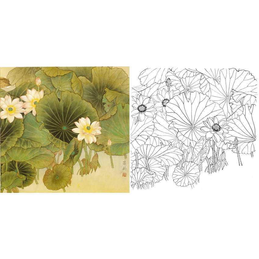 Work Stroke White Sketch Manuscript Lotus Hopper Square 66 * 66 Physical white paper printed manuscript with coloured pattern 409T