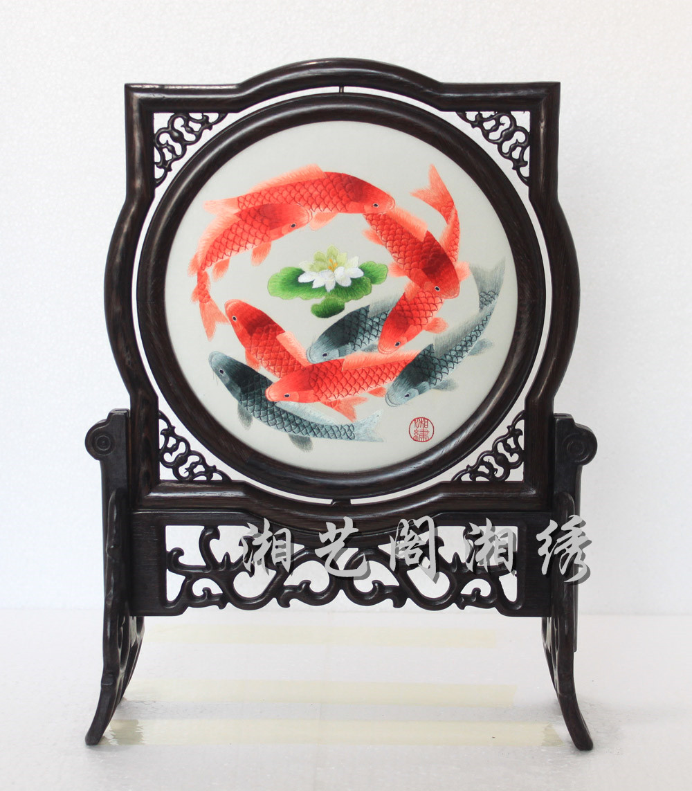 Xiangembroidery double-sided embroidered finished product tap rack pure handmade stay-at-home swing piece Entity synchronized lotus nine fish years more than