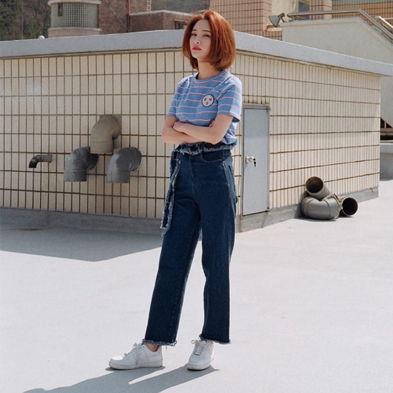 韩国stylenanda官方正品 毛边腰带and毛边露踝牛仔裤-牛仔蓝色