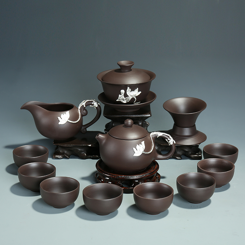 Tasted silver gilding violet arenaceous kung fu tea set of a complete set of silver purple clay ceramic tea cup manually GaiWanCha spoil the teapot