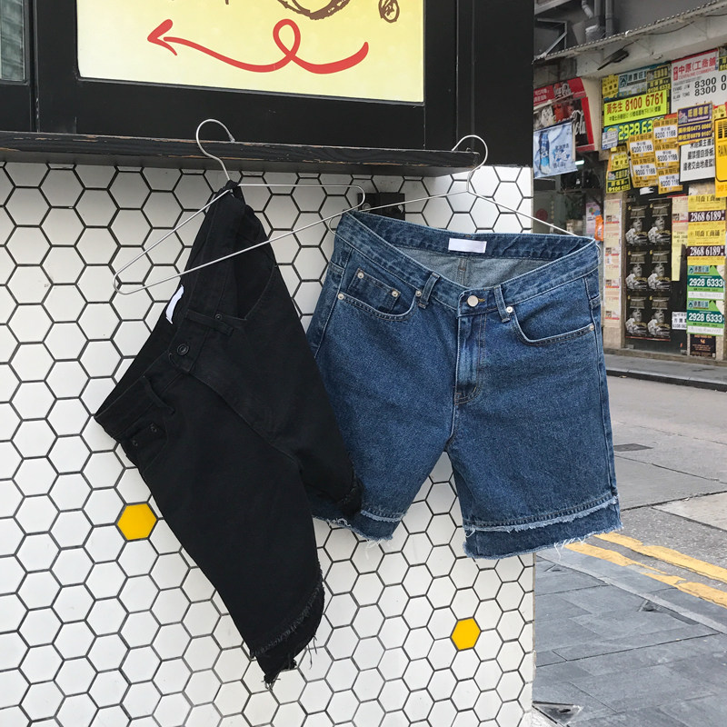 MRCYC summer new men's solid color trend raw edge short five-point pants casual British style denim shorts trend