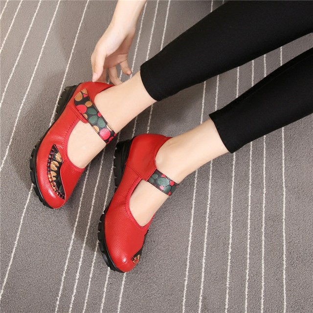2018 Spring New Genuine Leather Women's Single Shoes for Middle-Aged and Elderly, Wedge Heel, Ankle Strap, Ethnic Style, Floral Pattern, Mom Shoes