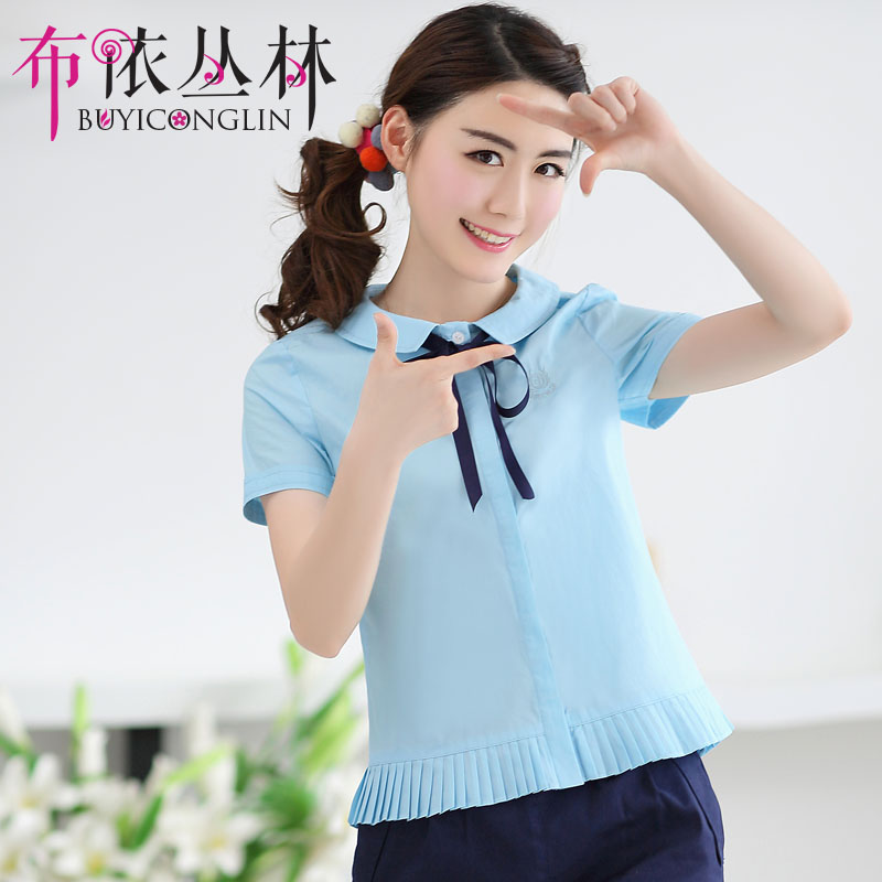 布依丛林2015夏季短袖雪纺衬衫女韩范宽松蝴蝶结娃娃领学生衬衣