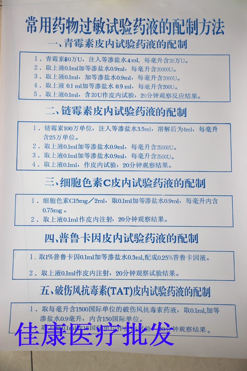 Preparation method for medical allergy test medicine for common drug allergy on medical wall chart emergency wall chart