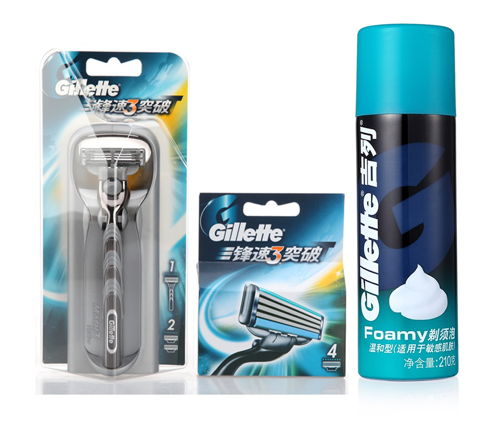 吉列锋速3突破刮胡刀含6刀头+gillette温和剃须泡沫210g正品包邮
