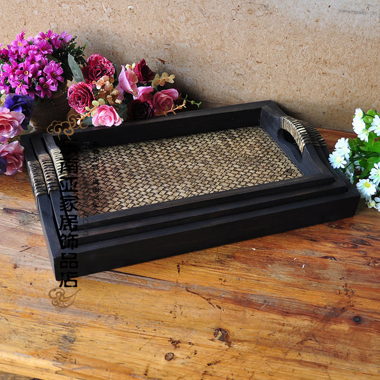 Thai-style bamboo weaving three-piece fruit plate tea tray tray coffee plate retro solid wood dinner plate rectangular hotel