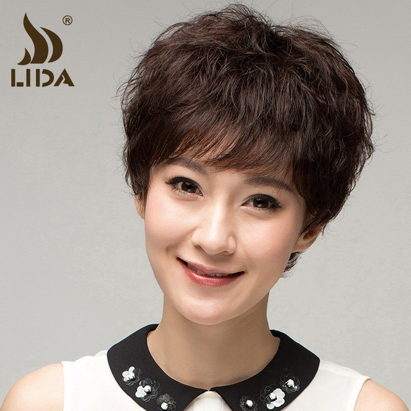 利达真发假发 女短发 短卷发蓬松 真人发丝中老年假发女 妈妈假发