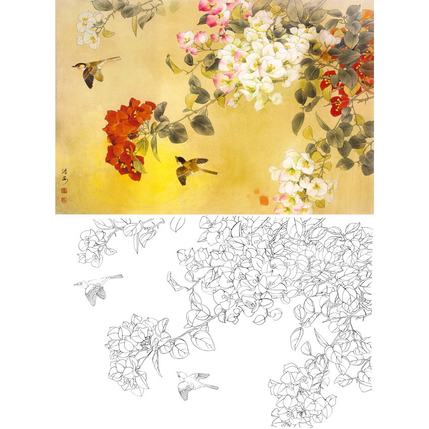 Gongbi painting white sketch background physical hook line print draft Zou Chuanan Flowers and birds 66*98 with color pattern 480T