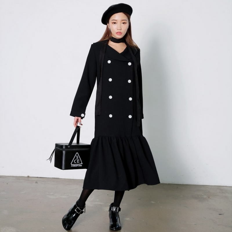 韩国stylenanda官方正品 时尚双排扣点缀褶皱拼接下摆连衣裙-黑色