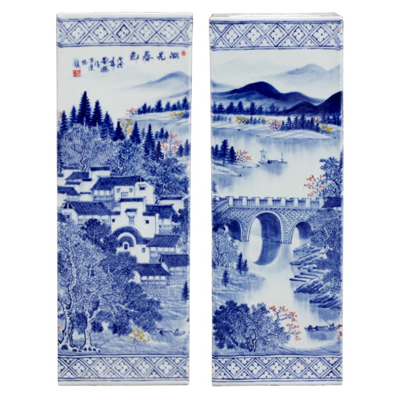 Hand - made lake spring scenery square bottle of blue and white porcelain of jingdezhen ceramic home sitting room of Chinese style furnishing articles study adornment