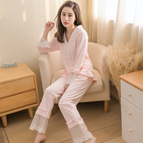 Womens pajamas Spring and autumn Korean edition long-sleeved thin cotton v-neck retro court style sexy princess lace suit