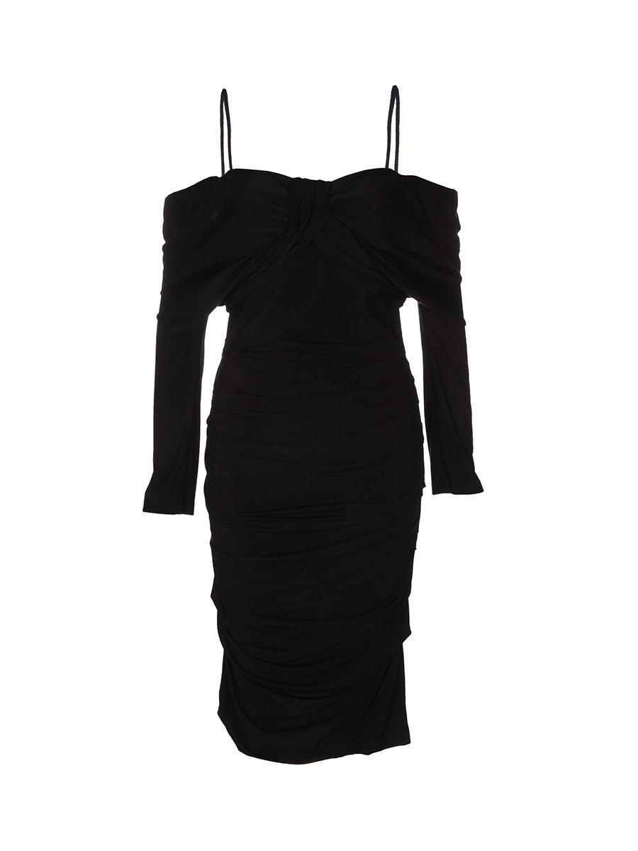 Dolce&Gabbana 黑色吊带露肩饰长袖连衣裙