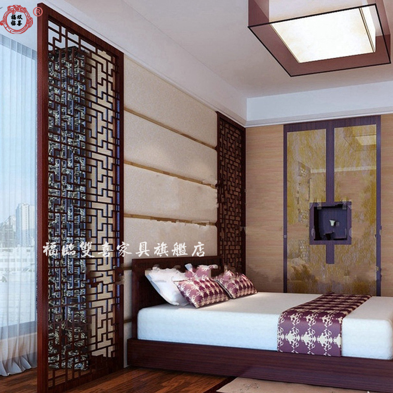 Dongyang wood carving TV background wall Chinese living room entrance partition screen Antique solid wood hollow lattice doors and windows