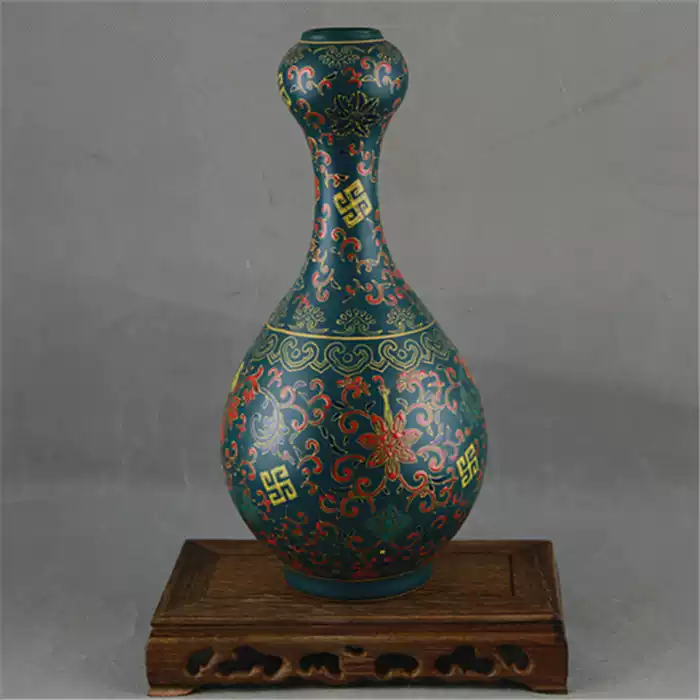 大清雍正珐琅彩孔雀绿釉花卉纹蒜头瓶复古装饰摆设古