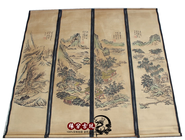 Imitation ancient character painting National painting Calligraphy Painting Wholesale Calligraphy Yuan Jiang Mountain Water Four-screen ancient painting Decorative Paintings have been framed