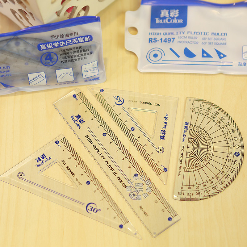 True color RS-1497 student drawing sleeve ruler student sleeve ruler stationery items Drawing sleeve ruler Triangular Ruler protractor 4 pieces