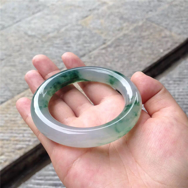 53 natural old pit A goods ice species floating green flower Myanmar jade bracelet ice permeable water moisturizing counter with certificate KH136
