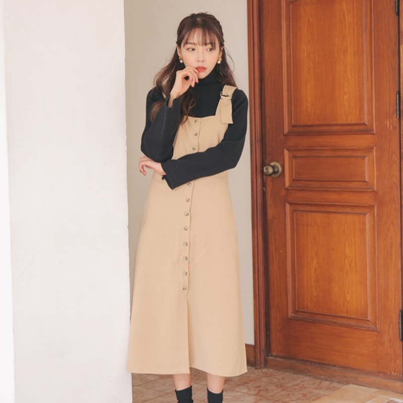 韩国stylenanda官方正品 唯美风单排扣点缀长版背带裙-米色