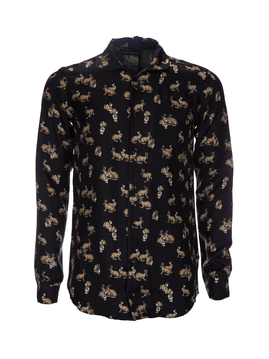 Dolce&Gabbana 黑色兔子印花饰贴袋长袖衬衫