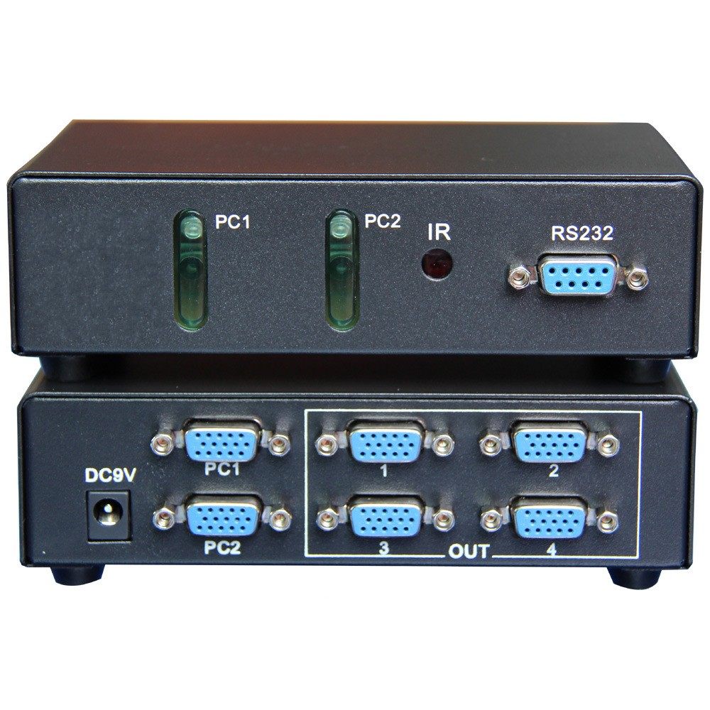 2 in 4 out high bandwidth VGA switch splitter with RS232 infrared remote control 350M bandwidth
