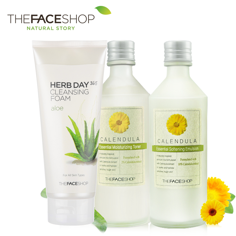 The Face Shop 韩国护肤品 芦荟洗面奶金盏花水乳套装 官方直售