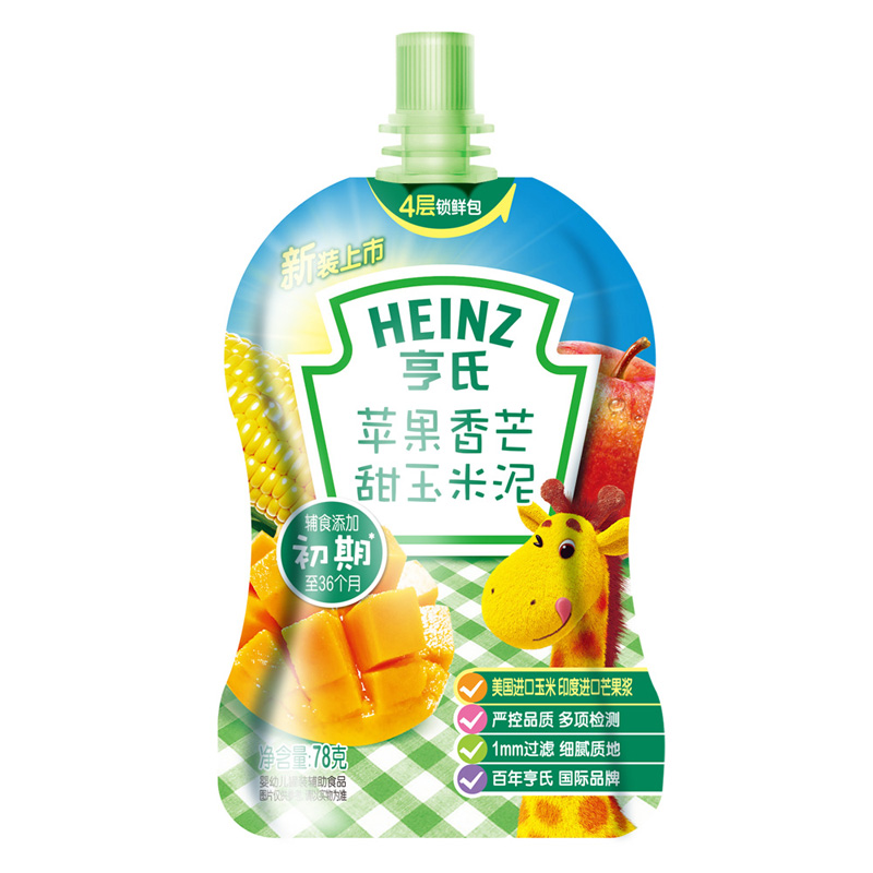 乐友孕婴童亨氏果蔬泥苹果香芒甜玉米泥6-36月78g婴儿辅食果蔬泥
