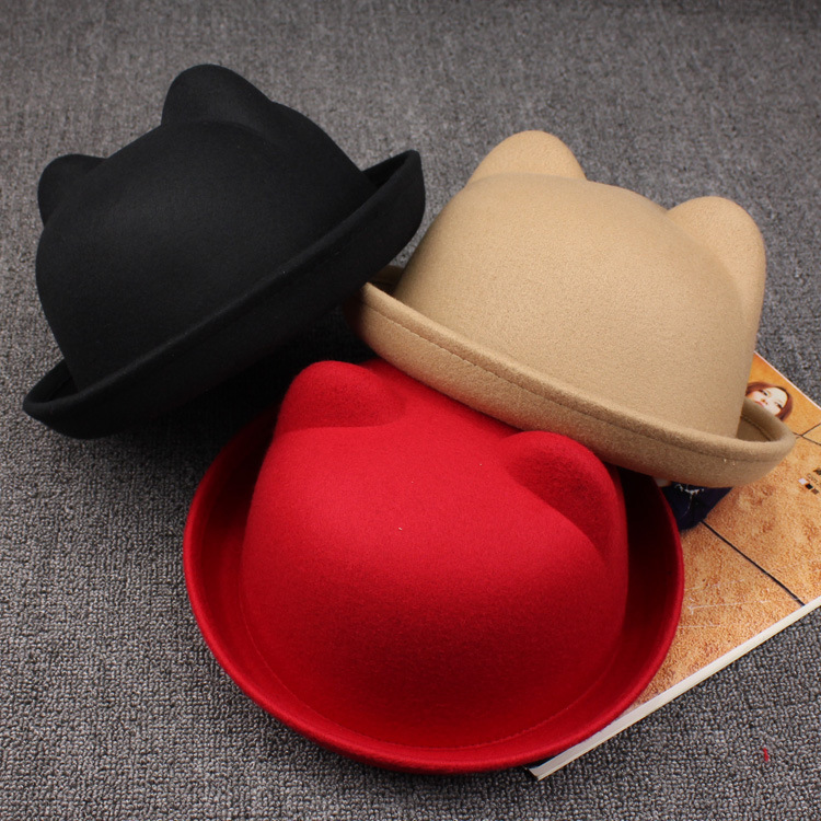 Korean version of the children's hat cat ears woolen spring and autumn top hat cap boys and girls baseball cap fisherman basin hat tide