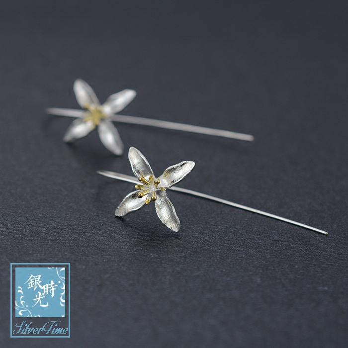 Pure silver earthen Thai Chiang Mai Artisanal Super Light Lotus earrings Ear Pendant Earrings Extra-long