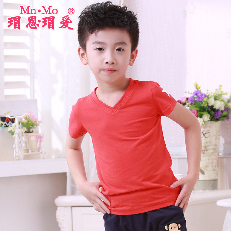 瑁恩瑁爱2016新款夏装男童V领短袖纯色百搭T恤儿童上衣莱卡棉汗杉