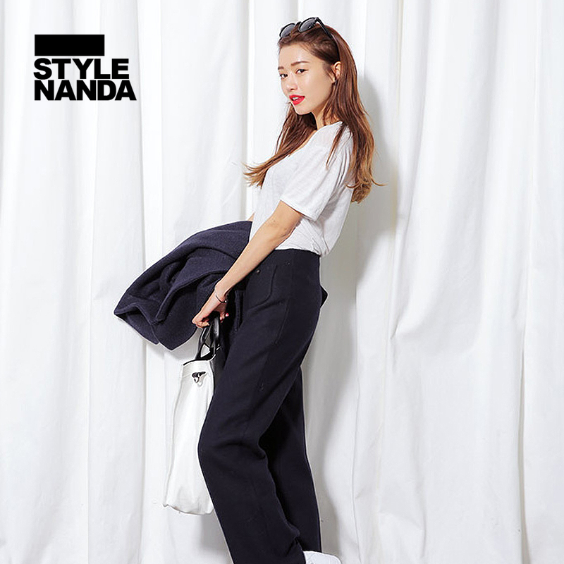 韩国stylenanda官方正品 可爱小口袋羊毛混纺阔腿裤