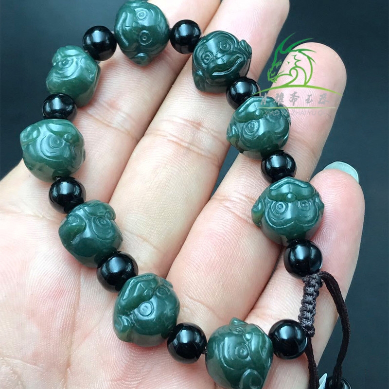 Xiaoyazhai Natural Xinjiang Hetian Jade Green Jade Monkey Head Bracelet for Men and Women Cute Cartoon Zodiac Monkey Bracelet