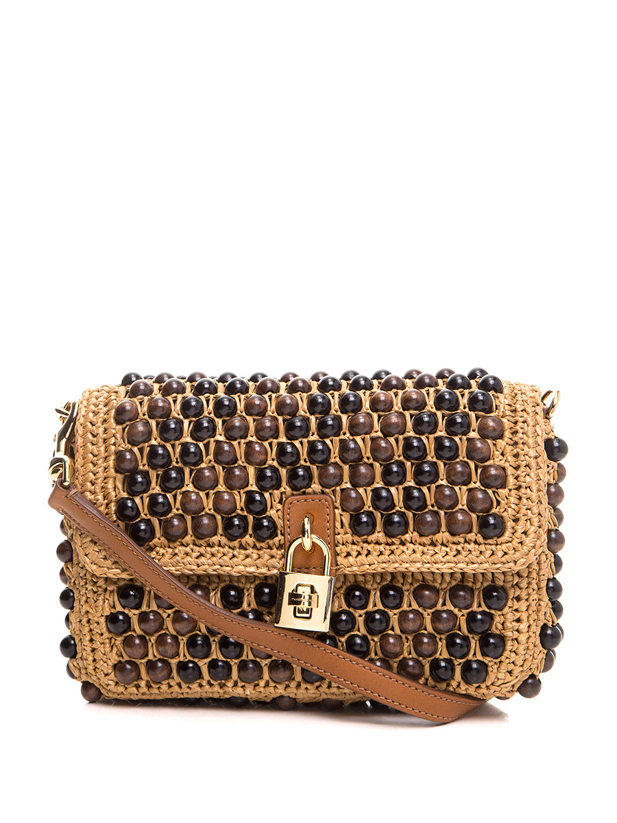 Dolce&Gabbana 棕色草编立体饰珠装饰翻盖肩包